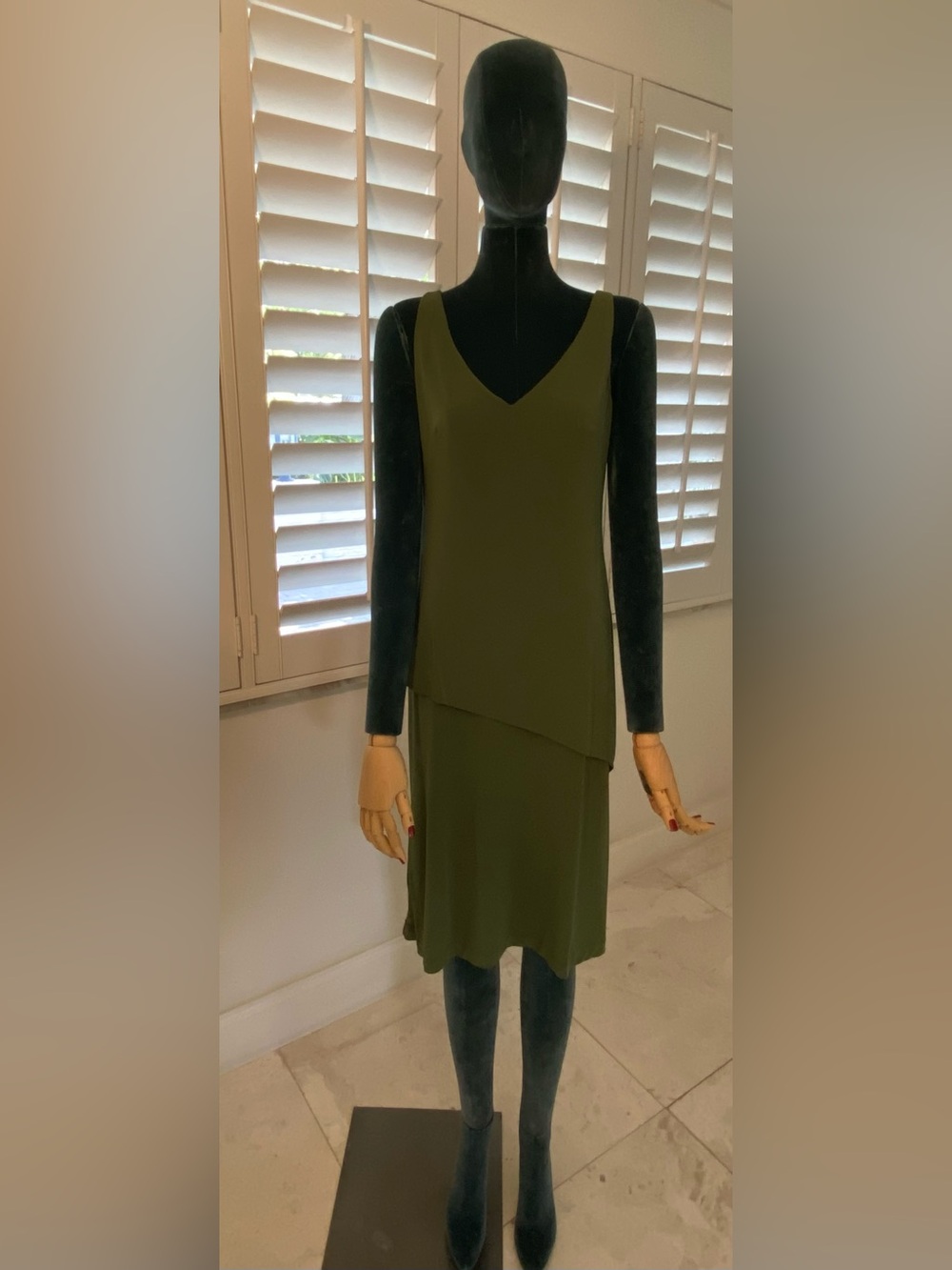 BCBG Olive Green V-Neck Layered Midi Dress